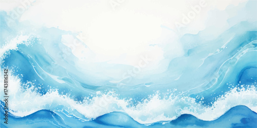 Abstract watercolor painting of ocean waves with light blue colors