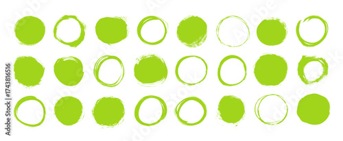 Green grunge hand drawn circles, dots and round stamps for eco labels and tags. Ideal for eco-friendly graphics, handmade seals, and fresh ecology designs. Vector rough brush dots and outline circles.