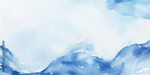 Abstract watercolor painting of ocean waves with varied shades of blue