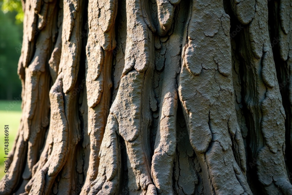 Naklejka premium Detailed Close-Up of a Tree Trunk's Textured Bark, Showing Natural Patterns and Variations in Color and Depth