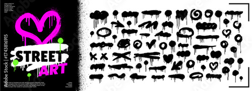 Spray Paint Splatter Effect with Grunge Ink Drip and Splash Texture for Urban Background. Gritty grunge lines, circles, ovals and arrows for graffiti or stencil designs. Abstract blots and spatters.