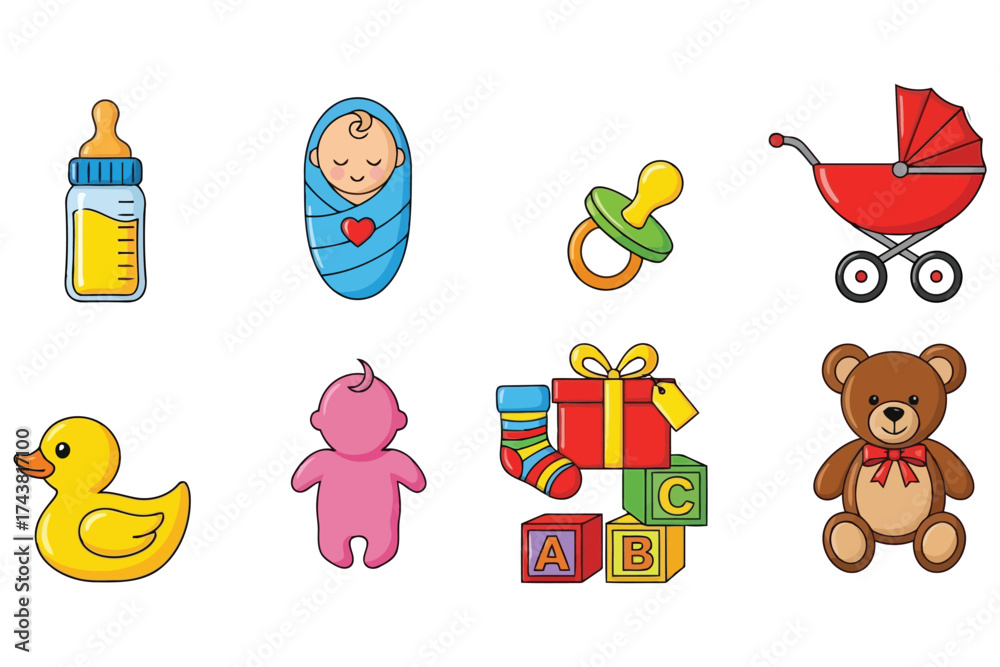 Obraz premium Vector art of set of baby items, including a bottle, baby, pacifier, stroller, duck, doll, gift