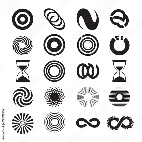 Collection of abstract black and white geometric shapes and symbols representing cycles and infinity