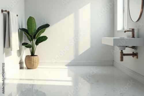 Serene Minimalist Bathroom Design Featuring a Woven Planter, White Vessel Sink, and Sunlit Floor