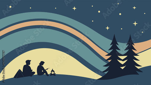 Peaceful camping under the stars with friends, sharing stories and enjoying nature's beauty, ideal for outdoor adventures and friendship concepts