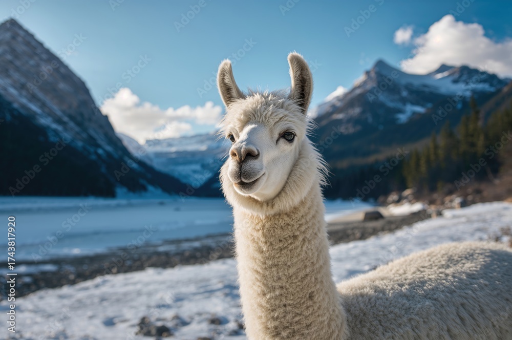 Fototapeta premium Snow-covered llama on a mountain