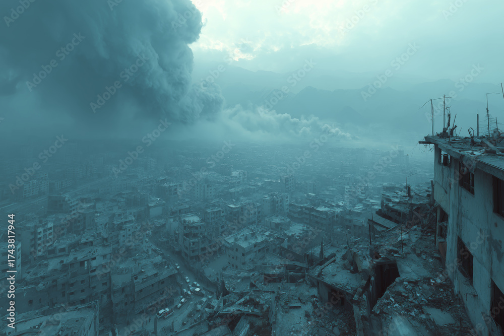 Fototapeta premium Birds eye view of a war-torn city engulfed in smoke and despair