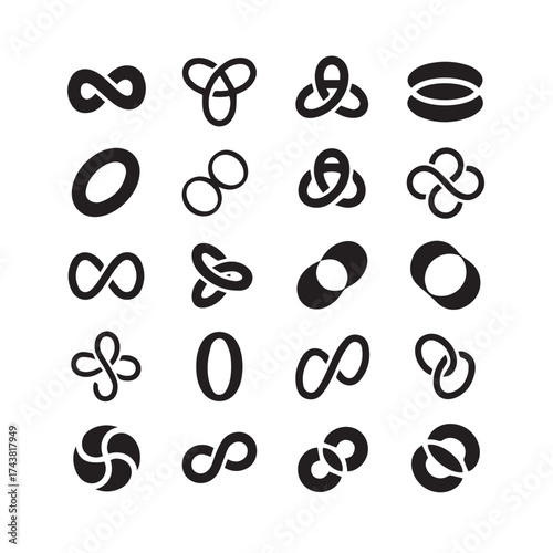 Collection of abstract black infinity symbols and interconnected loops representing concepts of eternity and connection