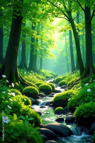 Serene Forest Stream Sunlit Canopy, Mossy Rocks, and Delicate White Blooms Flowing Gently Down a Lush Green Riverbed
