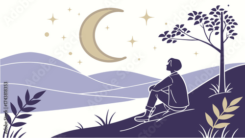 Contemplative person gazing at the moon under starlit night, serene illustration, peaceful evening scene, modern design, perfect for wellness and relaxation themes