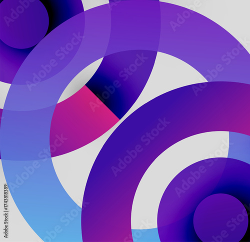 Abstract circles overlap, creating vibrant gradients. Purple, blue, pink hues dominate composition. Modern design, dynamic shapes present.