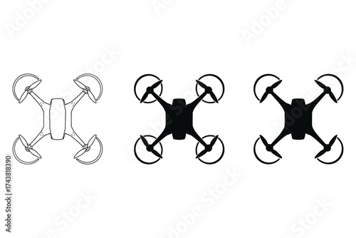 Vector art of drone icon set in various design styles, representing technology, aerial photography