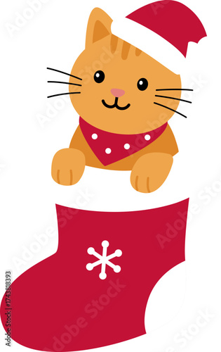 Christmas yellow cat sitting in a Christmas sock flat stock vector illustration.
Holiday pet character cartoon clipart isolated.
Transparent background. SVG.