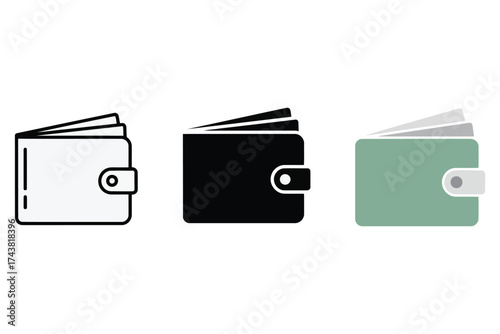 Vector art of wallet icon set in different styles, representing finance, payment, and money management