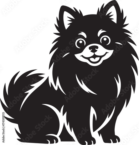 Cute Pomeranian Dog Silhouette Vector, Smiling Fluffy Pet Illustration in Black and White for Logo, Sticker, or T-Shirt Design
