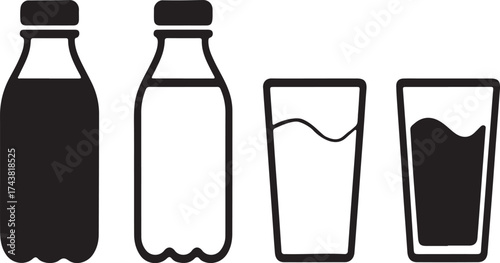 Black and white icons of two bottles and two glasses of liquid drink beverage