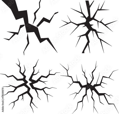 Black Crack and Fracture Graphics Set on White Background broken damage
