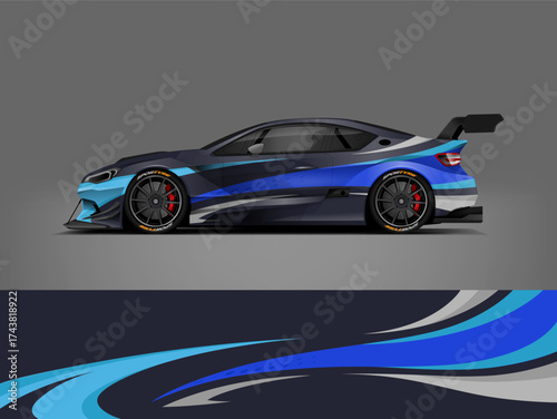 editable vector EPS car wrap featuring blue and silver flowing wave lines. Livery design for sport car