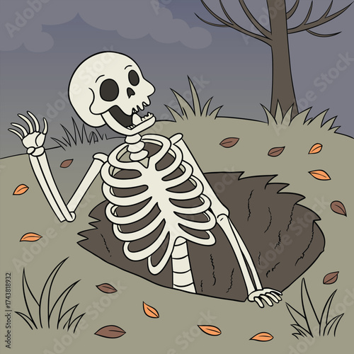 Cartoon skeleton rises smiling from the ground on an overcast day in vector