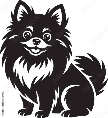Cute Pomeranian Dog Silhouette Vector, Smiling Fluffy Pet Illustration in Black and White for Logo, Sticker, or T-Shirt Design