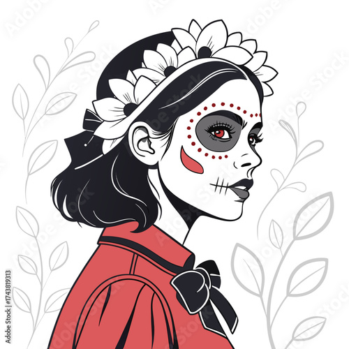Stylish woman with red eyes and sugar skull makeup stands against a floral background