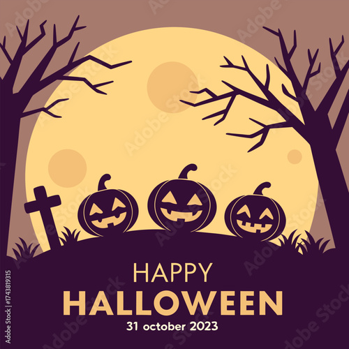 Spooky Halloween shows pumpkins under the moonlight with bare trees and tombstone silhouette