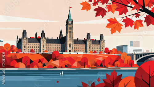 Illustration Of The Gothic Parliament Buildings On The Banks Of The Ottawa River In Autumn Vector Design Template