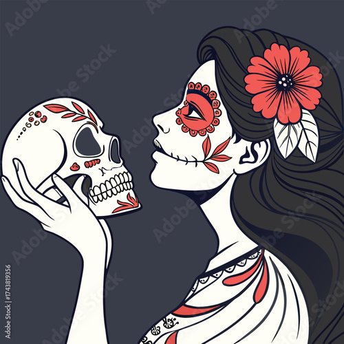 Woman with calavera face paint gazes pensively at a decorated skull held in hand