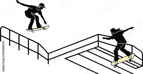 Dynamic skateboarders performing amazing tricks on urban stairs, capturing youth energy and extreme sports lifestyle, perfect for vibrant design projects