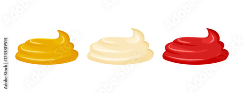 Sauce stain icon. Mustard, mayonnaise and ketchup splash. Cartoon dip splatter. Seasoning blob, food drip set. Kitchen tasty set isolated on white background. Liquid dressing menu. Vector illustration