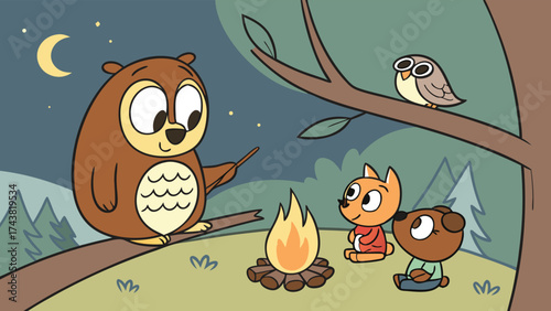 Charming forest friends gathered around campfire under moonlit sky, owl telling stories to fox and bear cubs, a cozy and heartwarming nighttime scene