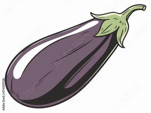 Single Eggplant Illustration: A single eggplant, with its vibrant purple skin and green stem, stands out against the light backdrop, perfectly capturing its fresh, natural beauty.