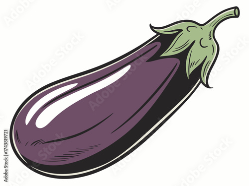 Purple Eggplant: A vibrant illustration of a ripe eggplant, showcasing its deep purple skin, green stem, and appealing form.
