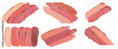 Pink and peach lipstick texture strokes forming vibrant collection on white background suitable for beauty advertising packaging templates or creative makeup related projects