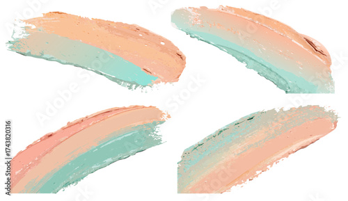Turquoise and peach paint brushstrokes arranged diagonally on white background forming dynamic composition suitable for creative design projects abstract backgrounds or templates