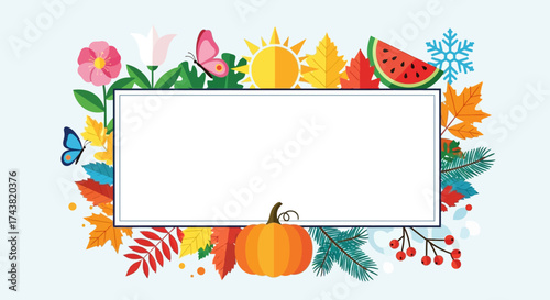 A colorful frame featuring flowers, leaves, sun, butterfly, watermelon, snowflake, and pumpkin, surrounding a blank white rectangle.
