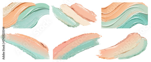 Cosmetic cream smears in beige orange green and light blue pastel tones forming textured strokes on white background suitable for makeup packaging advertising or beauty design projects