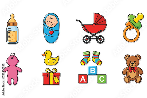 Vector art of set of baby items collection of cute newborn accessories and toys for kids