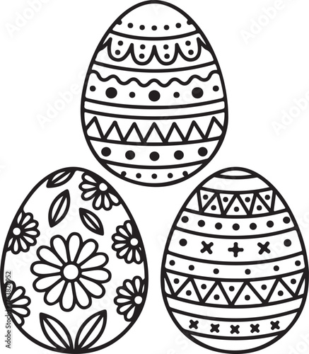 Three Decorative Easter Eggs with Black Outline Patterns Keywords: easter eggs, decorated eggs
