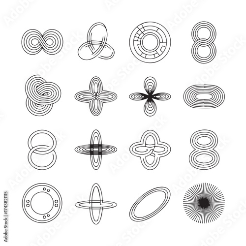Collection of abstract geometric shapes and ornate symbols rendered in a sketchy black and white line art style