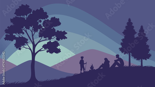 Serene family camping trip silhouette under a starlit sky, creating cherished memories outdoors, perfect for adventure and togetherness concepts