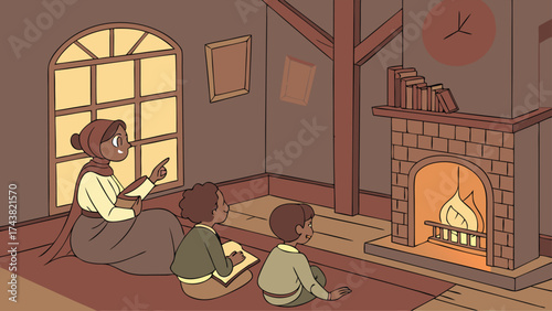 Cozy evening storytelling by the fireplace illustration brings warmth, comfort, and nostalgia for family moments, perfect for children's books and holiday designs