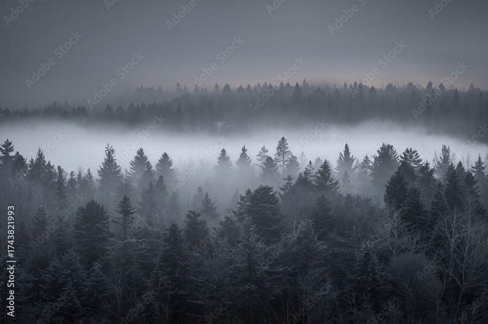 Obraz premium Vertical panorama of a single-color snowy forest in winter