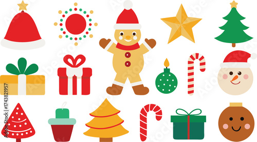 Collection of festive christmas ornaments and decorations including santa claus gingerbread man and gifts