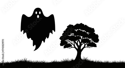 Silhouette image of a spooky ghost floating near a detailed tree, on grass.