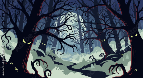 A spooky forest illustration at night, with glowing eyes peering from the dark trees and a path leading into the woods.