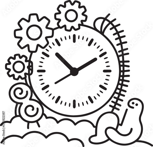The old vintage clock face on the wall is an antique symbol of time, showing the hour and minute with a numbered dial and second hand illustration