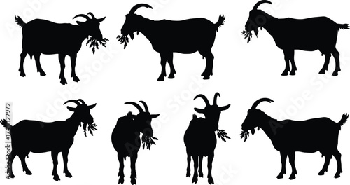 Goat silhouette eating leaves, black animal shapes, farm livestock illustration, grazing wildlife vector, horned goat design, nature agriculture concept art
