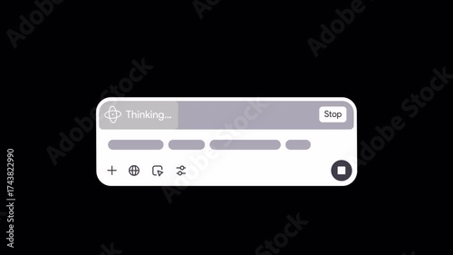 Animated AI deepseek chat interface: white input panel with abstract prompt and Research, Reasoning loading bar. Sparkling star magic as result. LLM generate process. Artificial intelligence bot UI