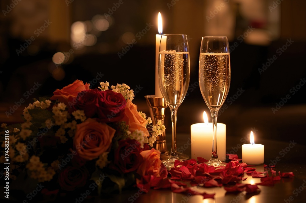 Obraz premium Intimate dinner setting with candles and flowers, perfect for a romantic evening at home.